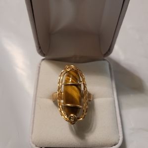 Tiger'seye and gold wire wrapped ring